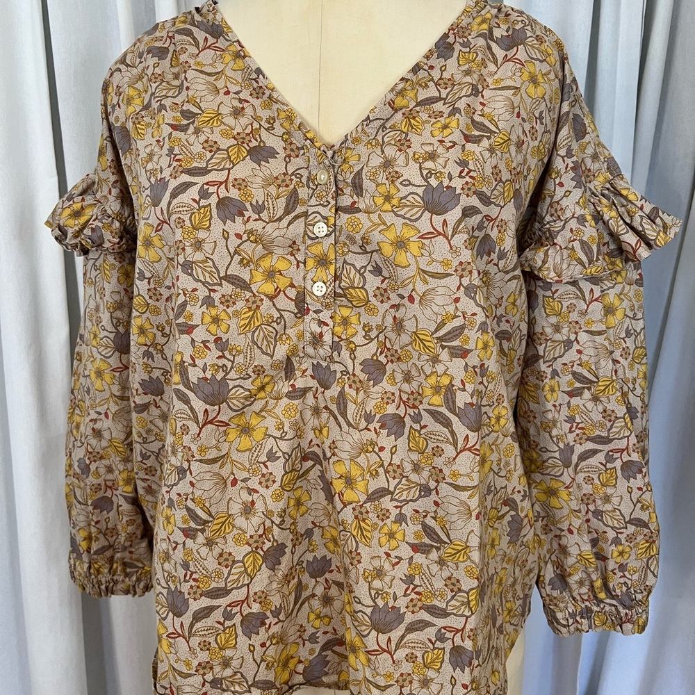 Floral V-Neck hi low Cotton  Peasant Blouse - Yellow brown and gray